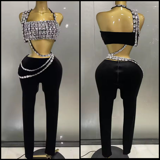 Black Crystal Halter Sleeveless Sexy Pant Set