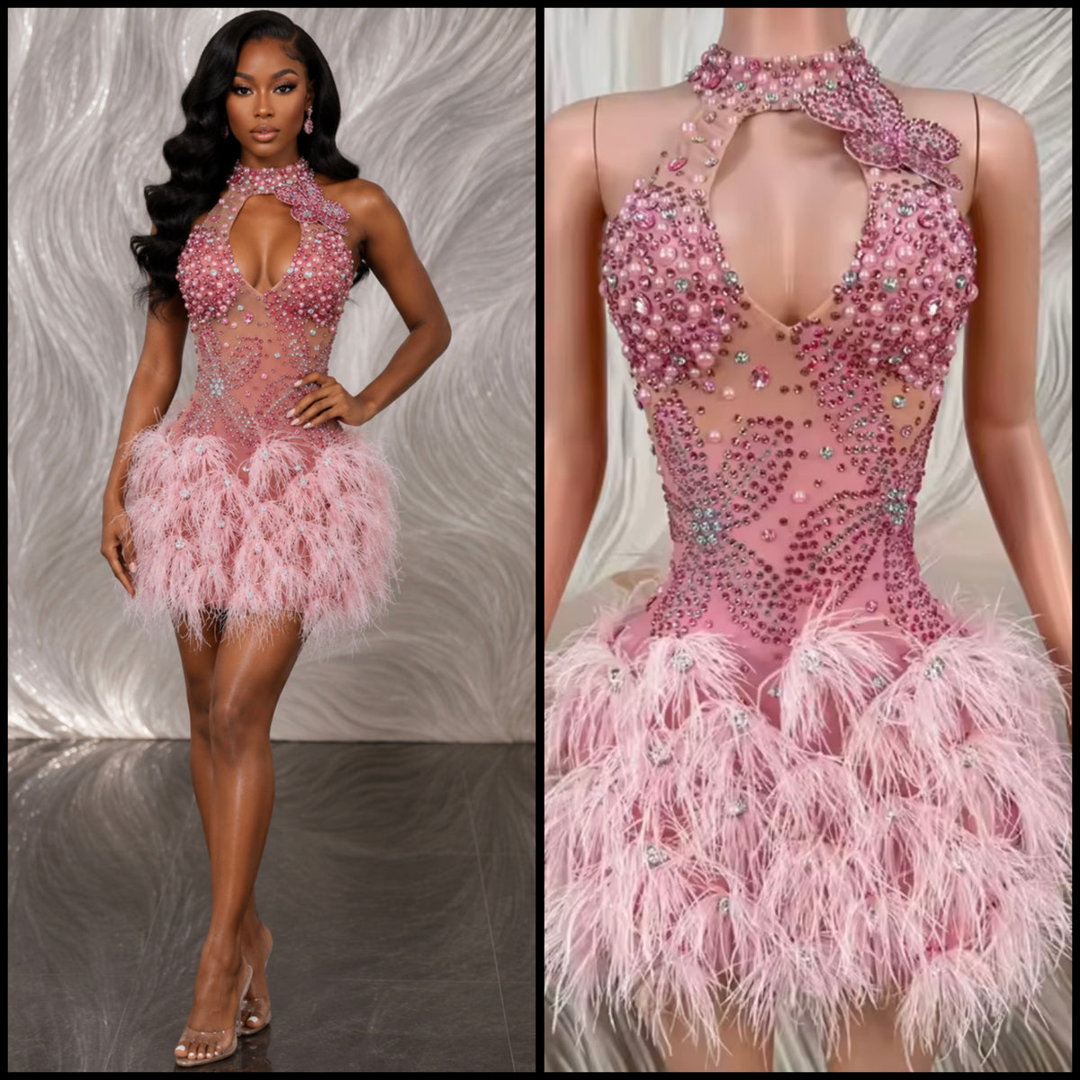 Sexy Pink Sleeveless Beaded Rhinestone Feather Dress