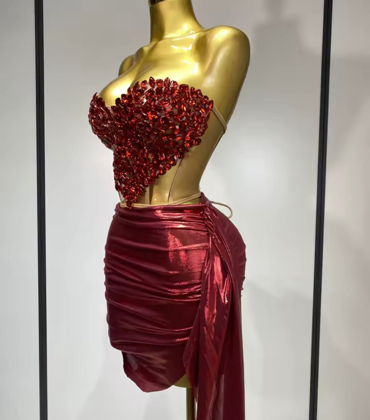 Red Crystal Strapless Mesh Corset Two Piece PU Skirt Set