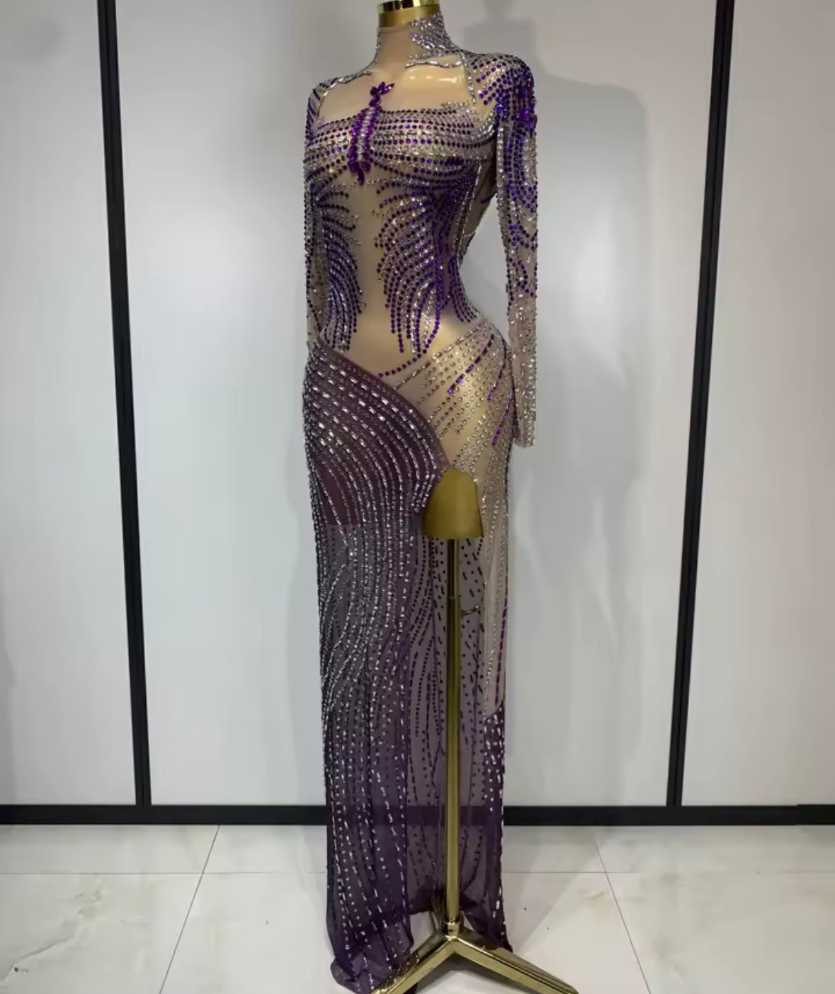 Sexy Color Rhinestone Full Sleeve Side Split Floor-Length Dress