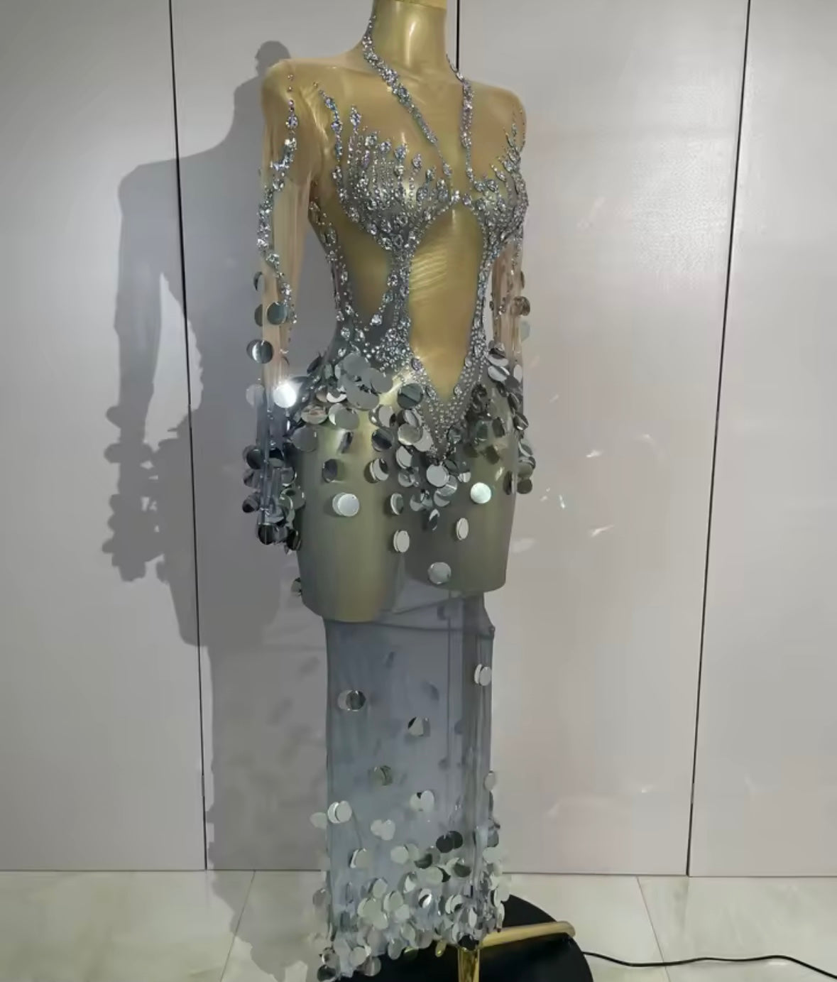 Sexy Sequins Rhinestone Silver Full Sleeve Maxi Dress