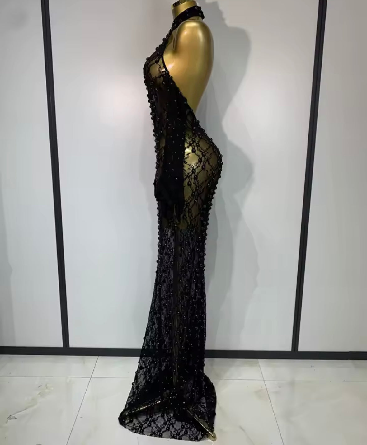 Sexy Black Halter Sleeveless See Through Beaded Maxi Dress