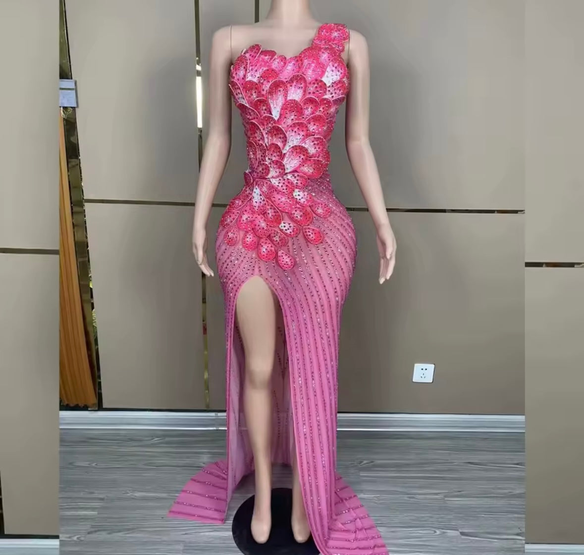 Pink Sexy Sleeveless Floral Rhinestone Floor-Length Dress