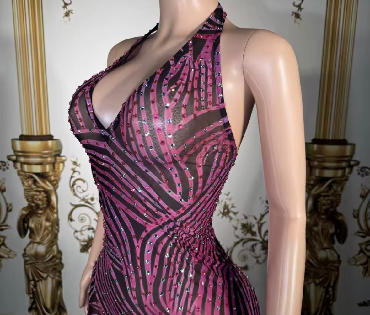 Sexy Striped Halter Sleeveless Rhinestone Dress