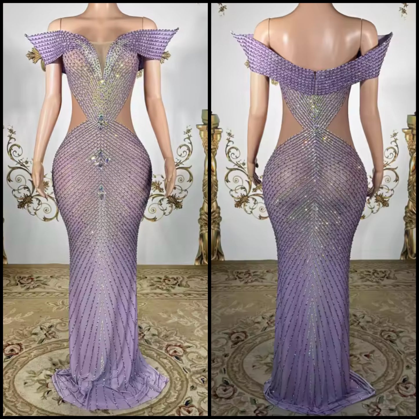Purple Elegant Off The Shoulder Rhinestone Floor-Length Dress