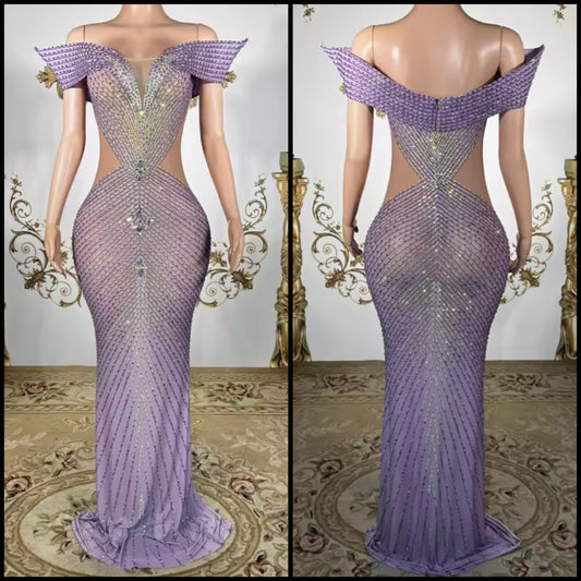 Purple Elegant Off The Shoulder Rhinestone Floor-Length Dress