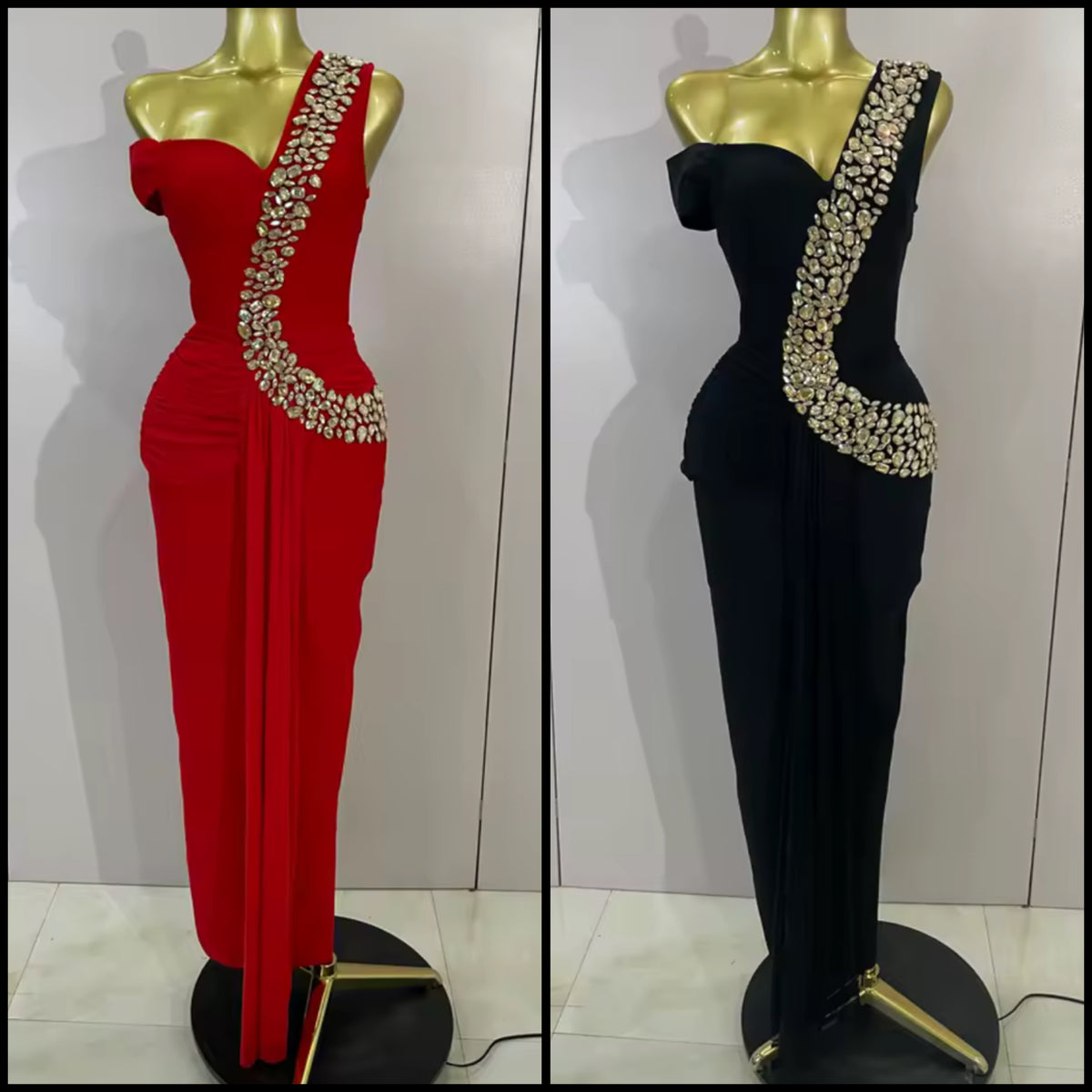 Elegant Rhinestone One Shoulder Maxi Dress