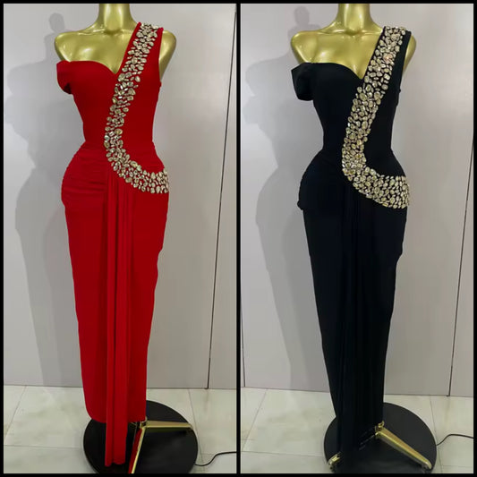 Elegant Rhinestone One Shoulder Maxi Dress