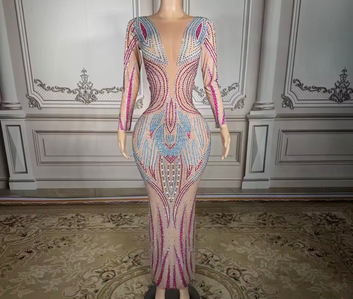 Sexy See Through Colorful Rhinestone Full Sleeve Maxi Dress
