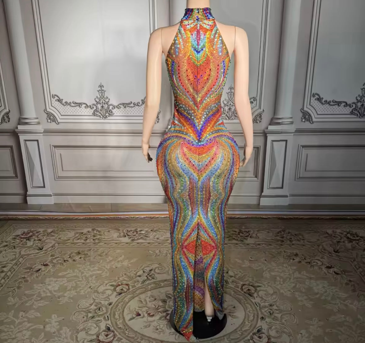 Multicolored Rhinestone Sexy Sleeveless Maxi Dress