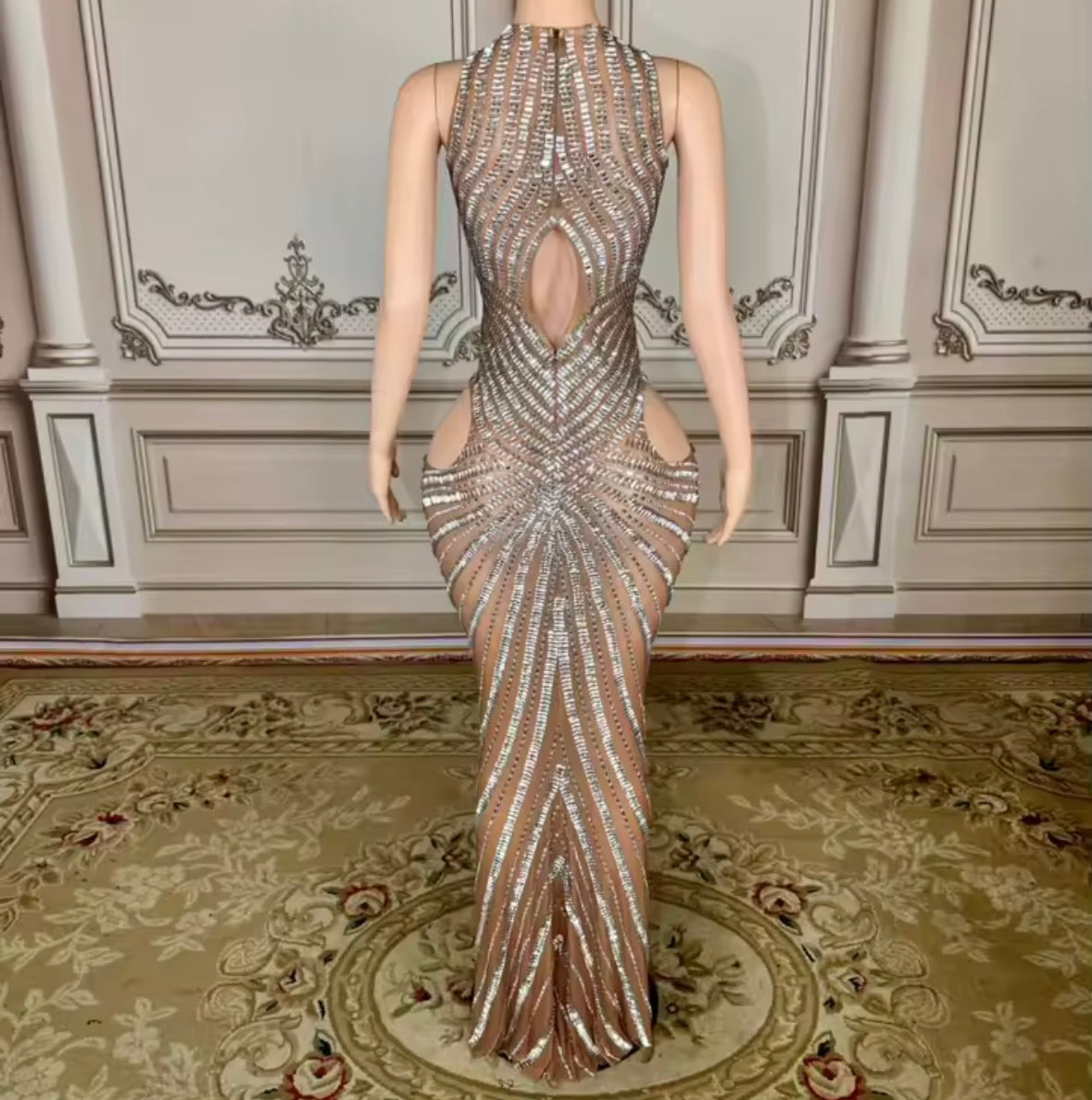 Sexy Halter Sleeveless Hollow Out See Through Rhinestone Maxi Dress