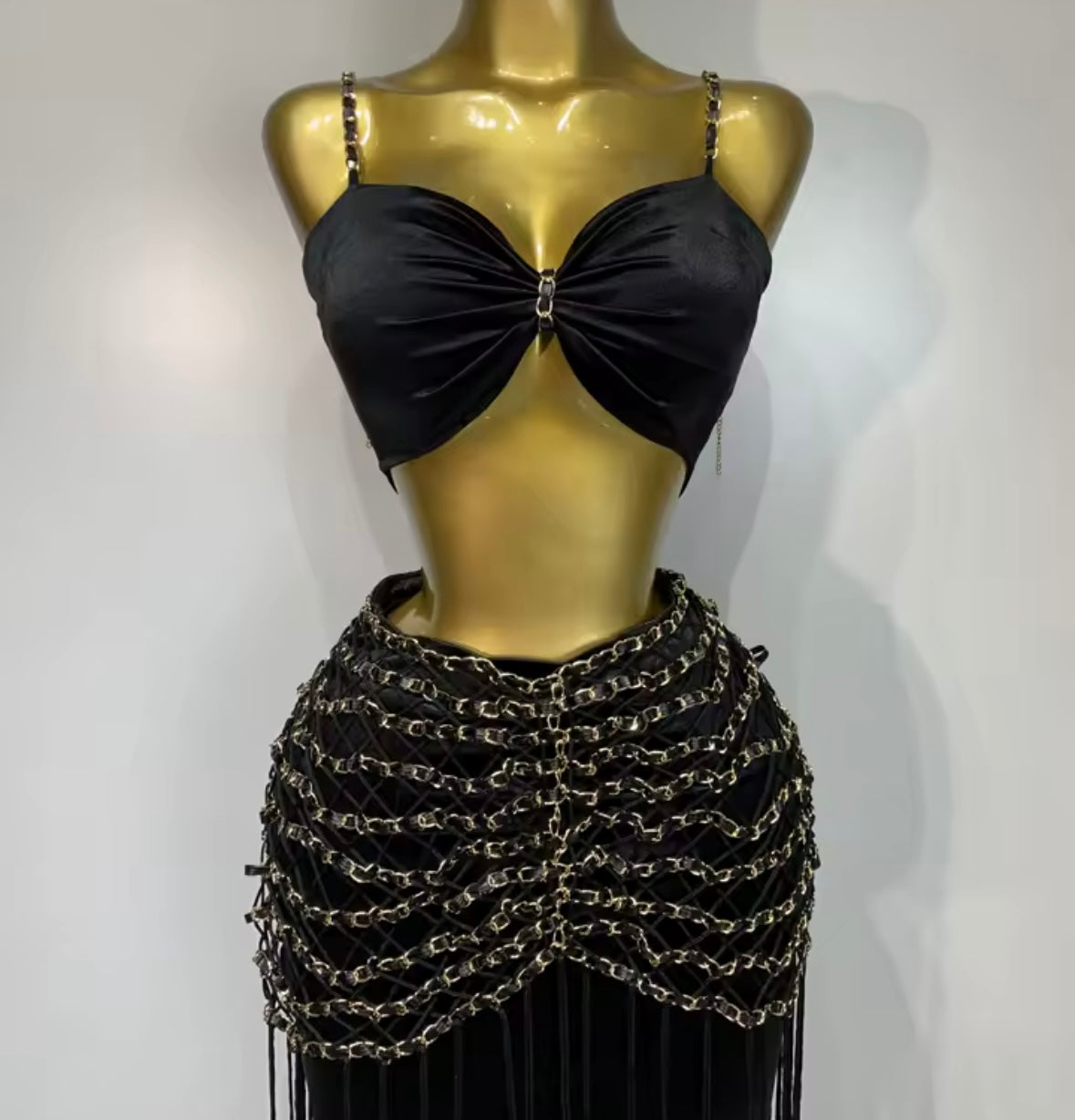 Sexy Black Sleeveless Chain Fringe Tassel Maxi Skirt Set