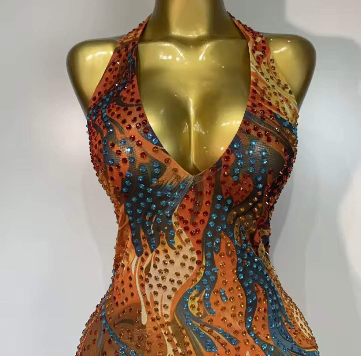 Sexy Halter Sleeveless Multicolored Rhinestone Dress