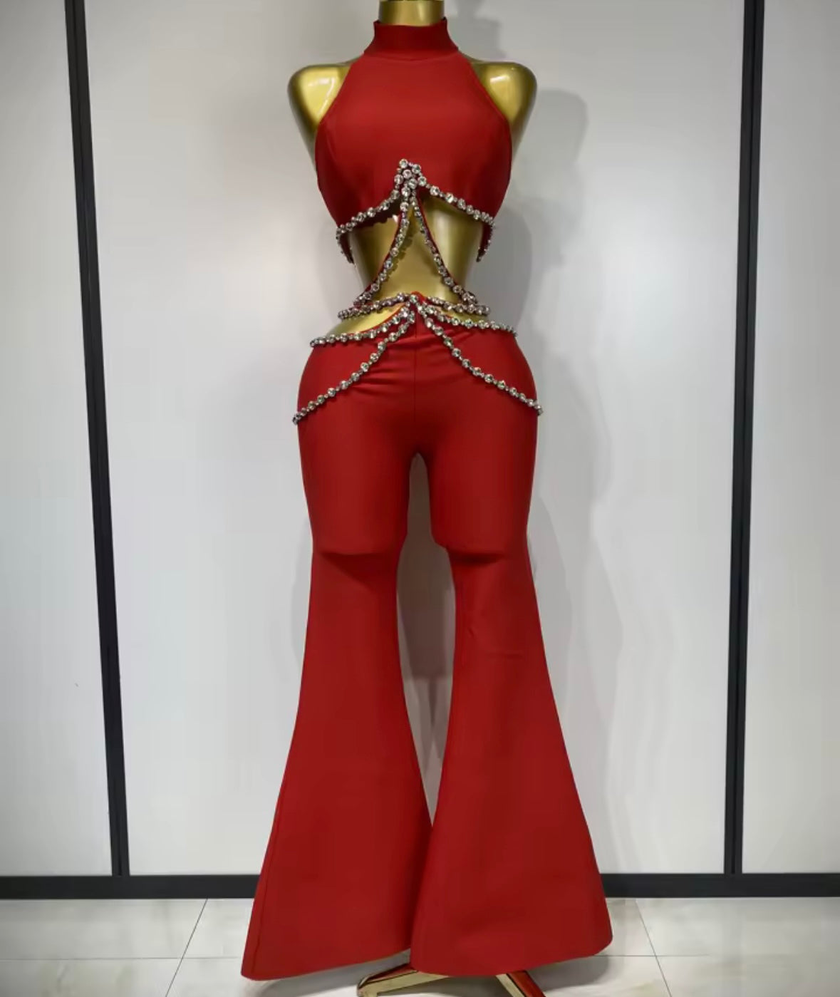Red Halter Rhinestone Sexy Bandage Pant Set