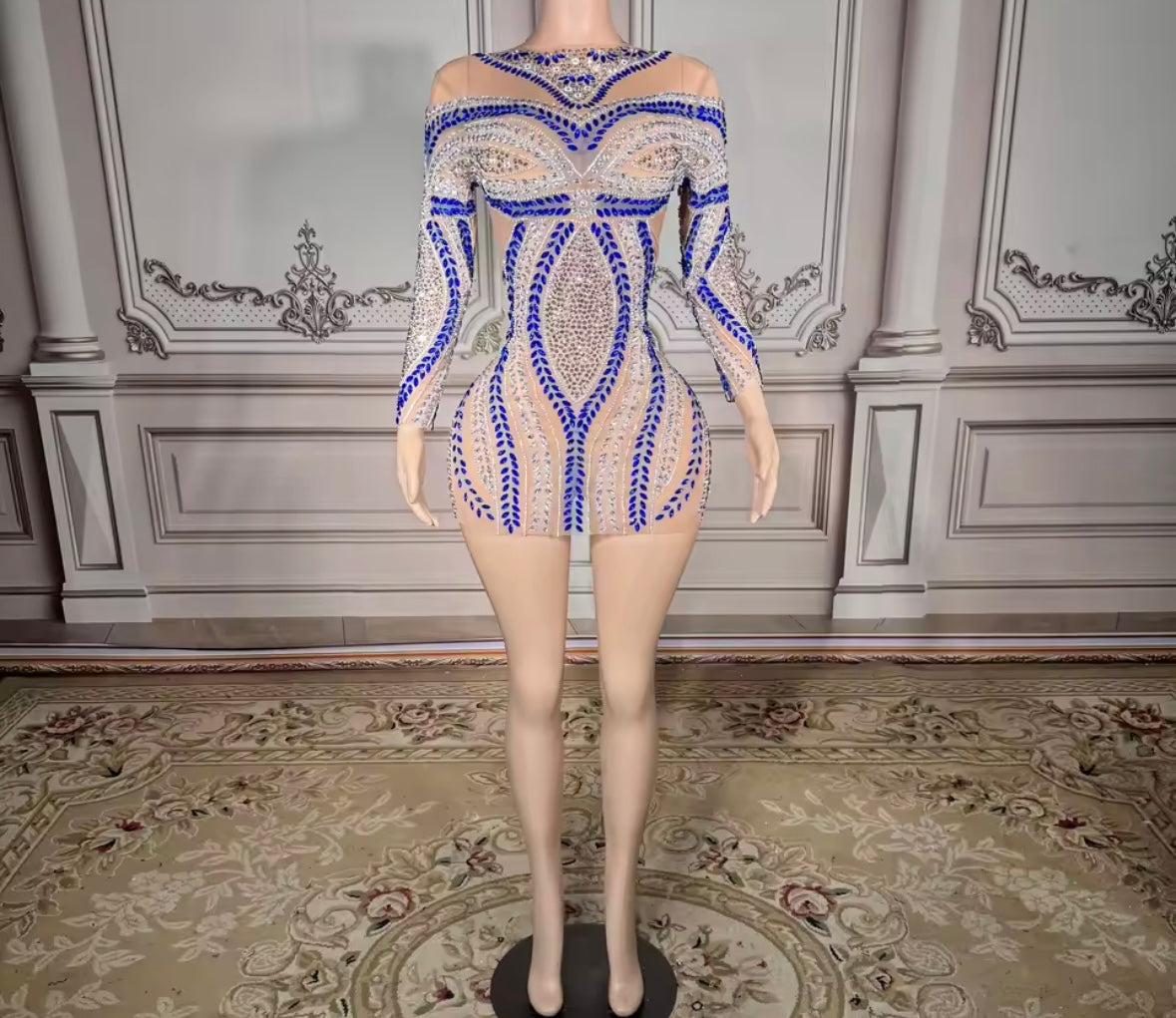 Rhinestone Embellishment Sexy Full Sleeve See Through Dress
