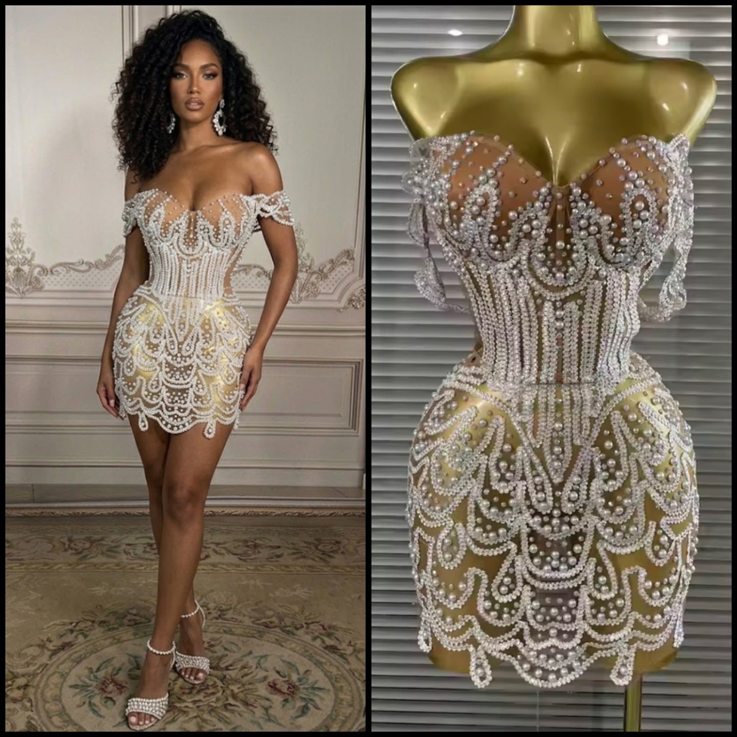 Sexy Strapless Beaded Rhinestone See Through Dress