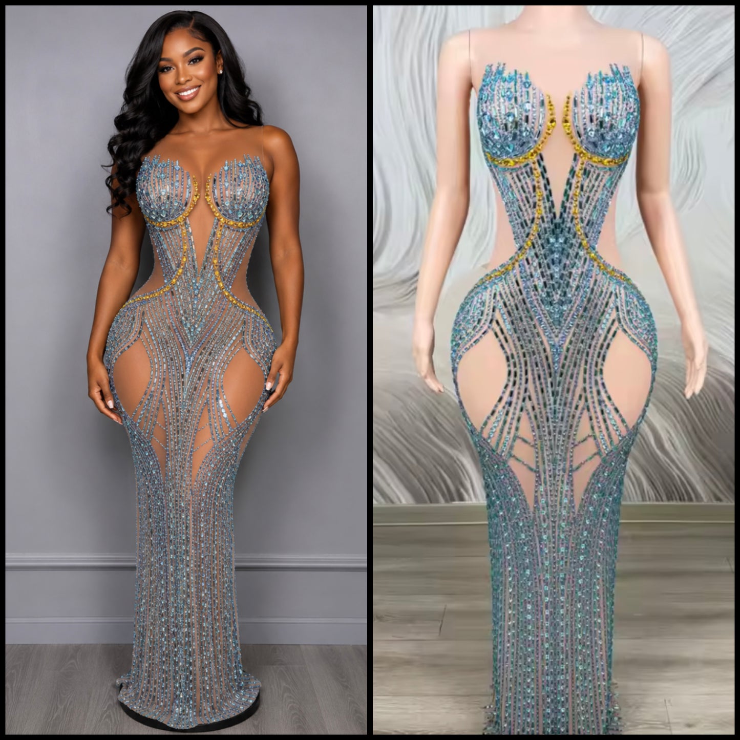 Sexy Sleeveless Color Rhinestone See Through Maxi Dress