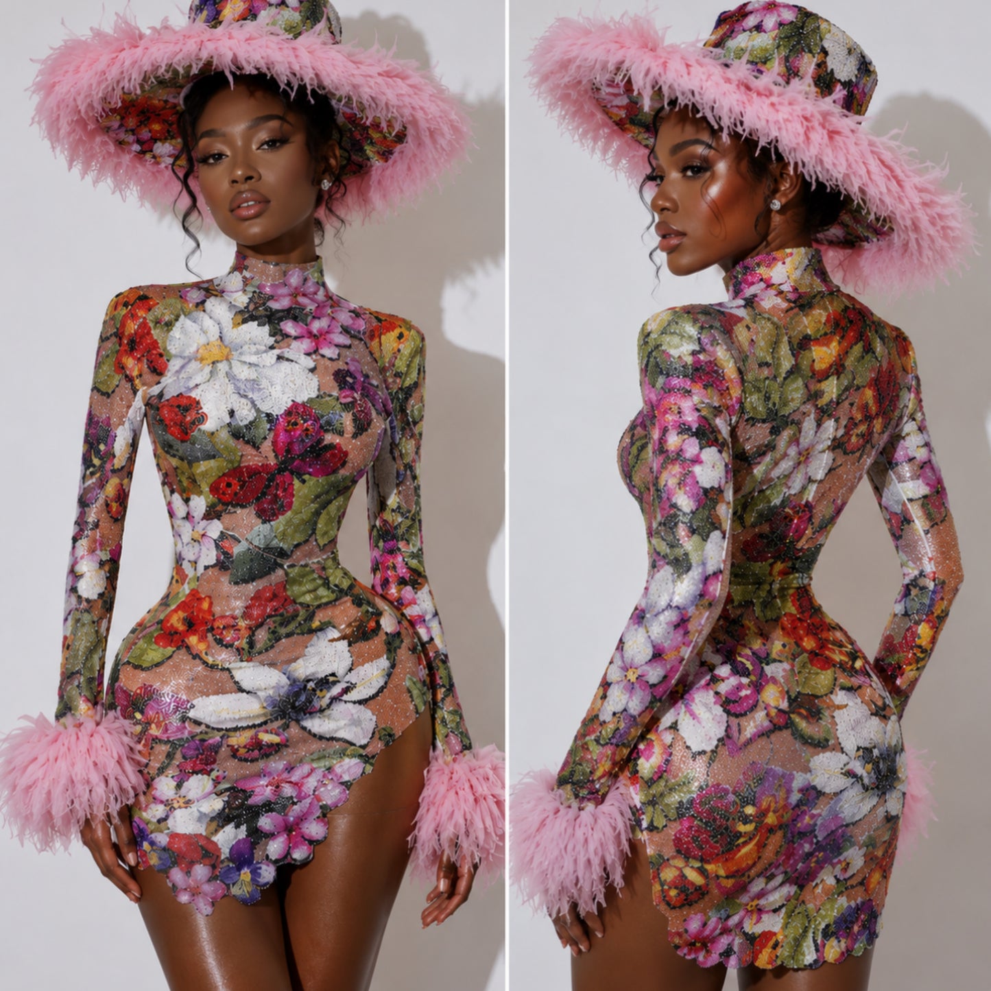 Sexy Floral Sequins Ruffle Full Sleeve Dress Hat Set