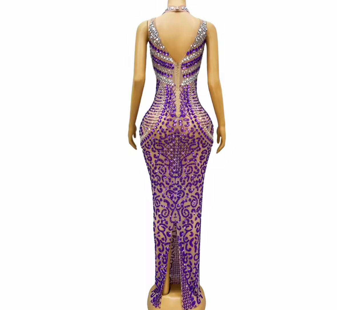 Elegant Sleeveless Purple Rhinestone Maxi Dress