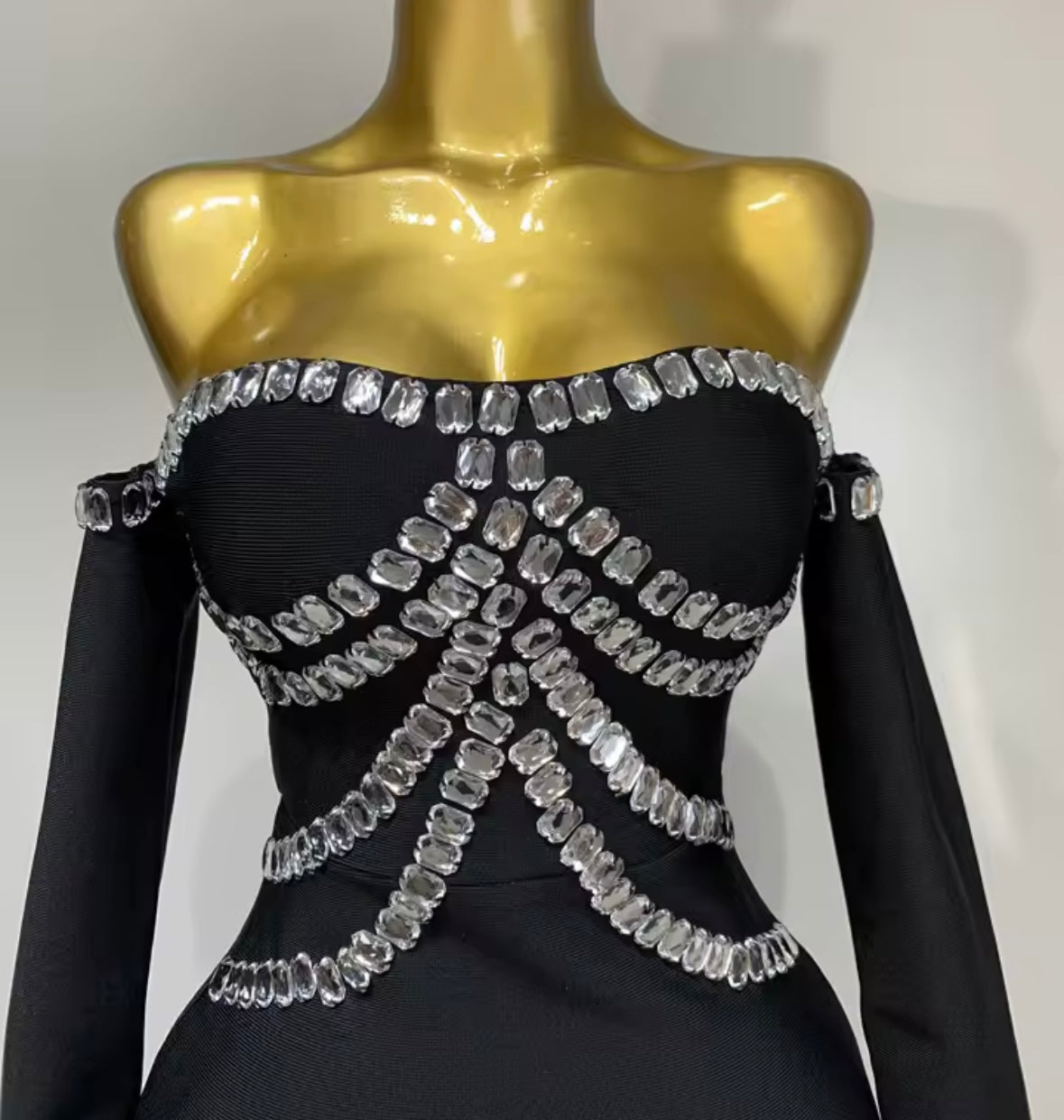 Black Strapless Rhinestone Full Sleeve Front Split Elegant Dress