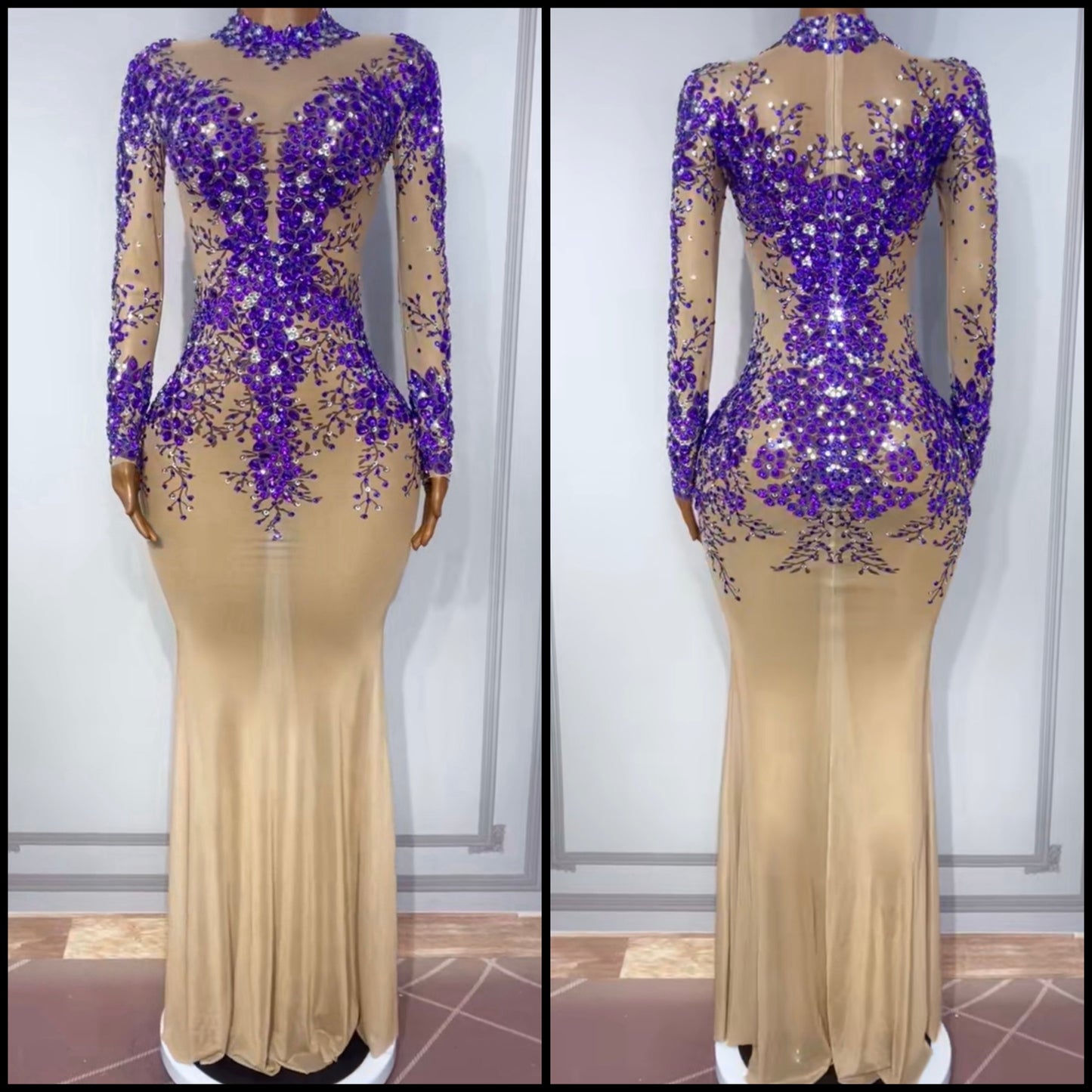 Sexy Purple Rhinestone Full Sleeve See Through Maxi Dress