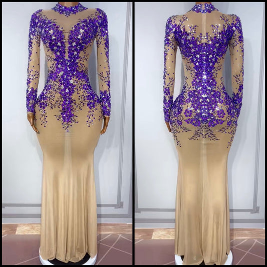 Sexy Purple Rhinestone Full Sleeve See Through Maxi Dress