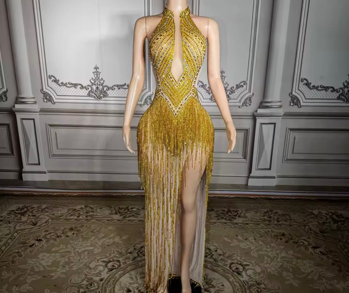 Gold Sexy Halter Sleeveless Rhinestone Fringe Tassel Maxi Dress