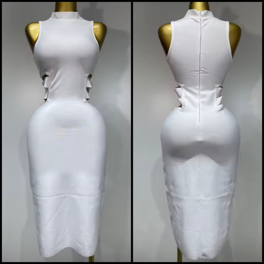 Sleeveless White Hollow Out Sexy Midi-Length Dress
