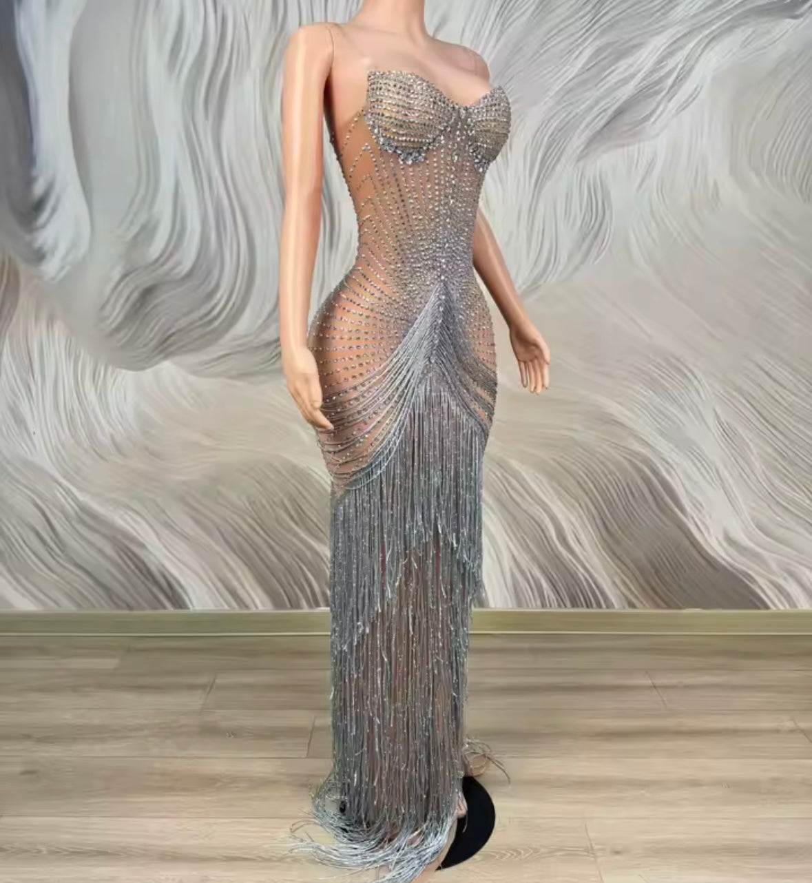 Sexy Sleeveless Rhinestone Embellishment Fringe Tassel Dress