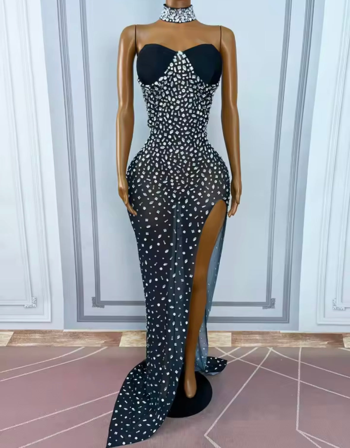 Sexy Choker Strapless Black Rhinestone Side Split Maxi Dress