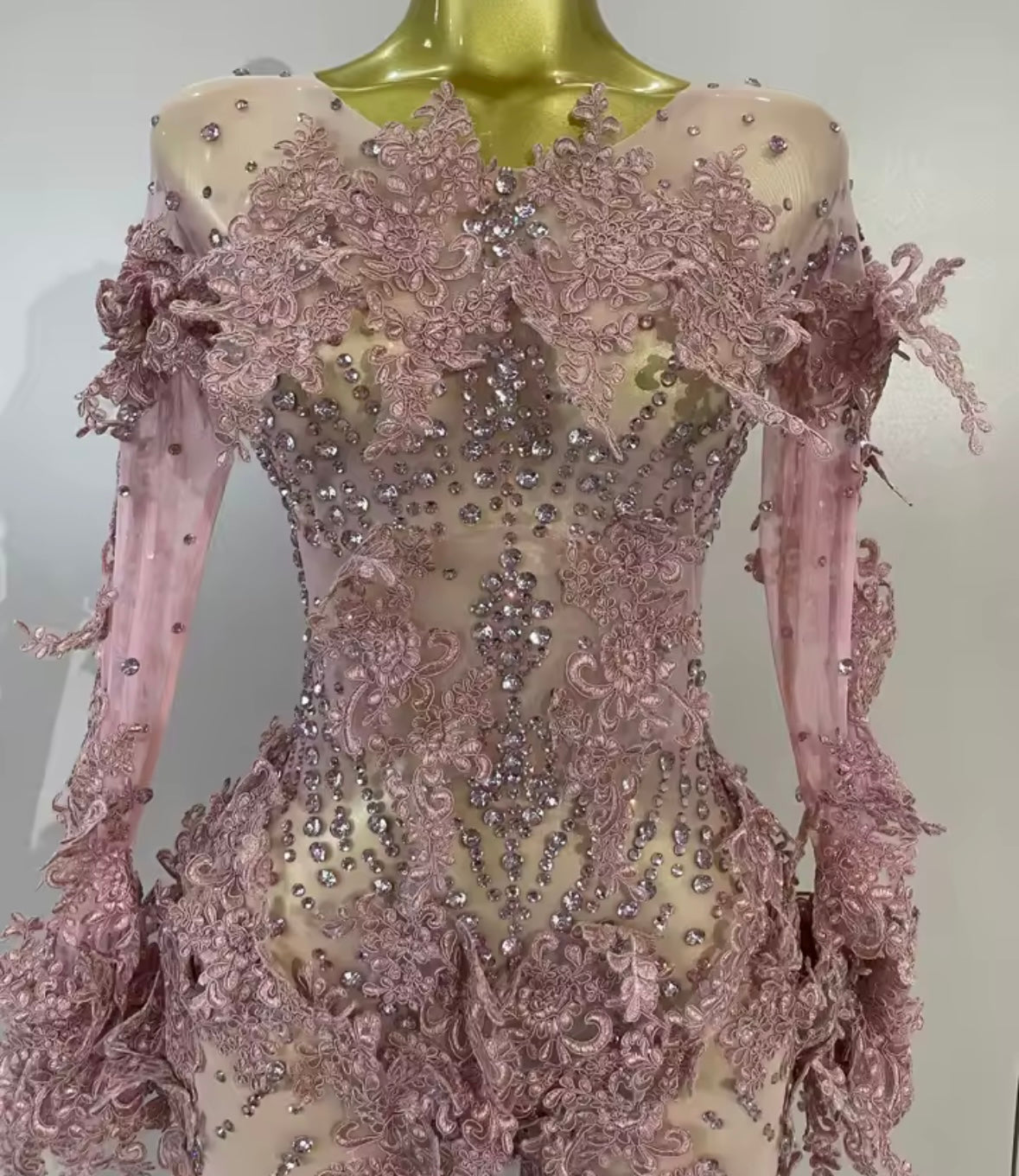 Pink Floral Lace Rhinestone Full Sleeve See Through Jumpsuit