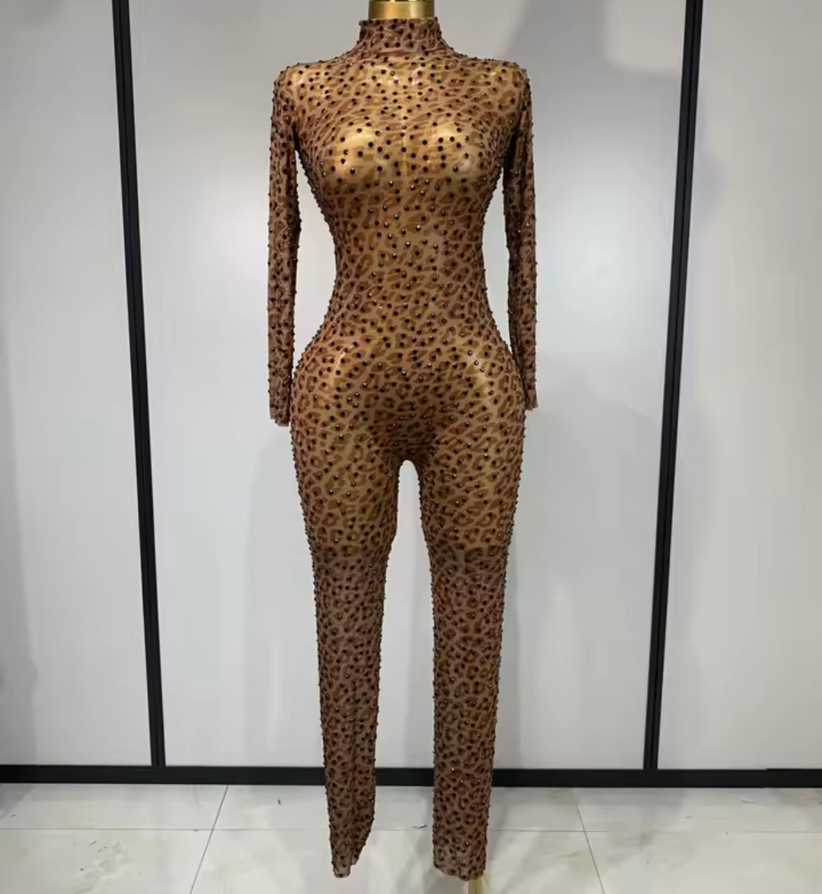 Sexy See Through Leopard Rhinestone Full Sleeve Jumpsuit