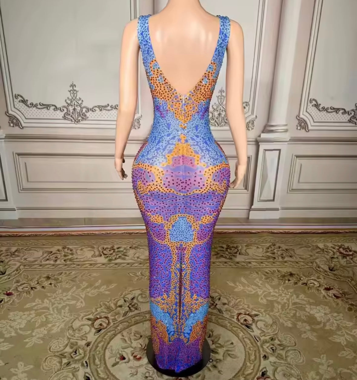 Sexy Sleeveless Multicolored Rhinestone Maxi Dress