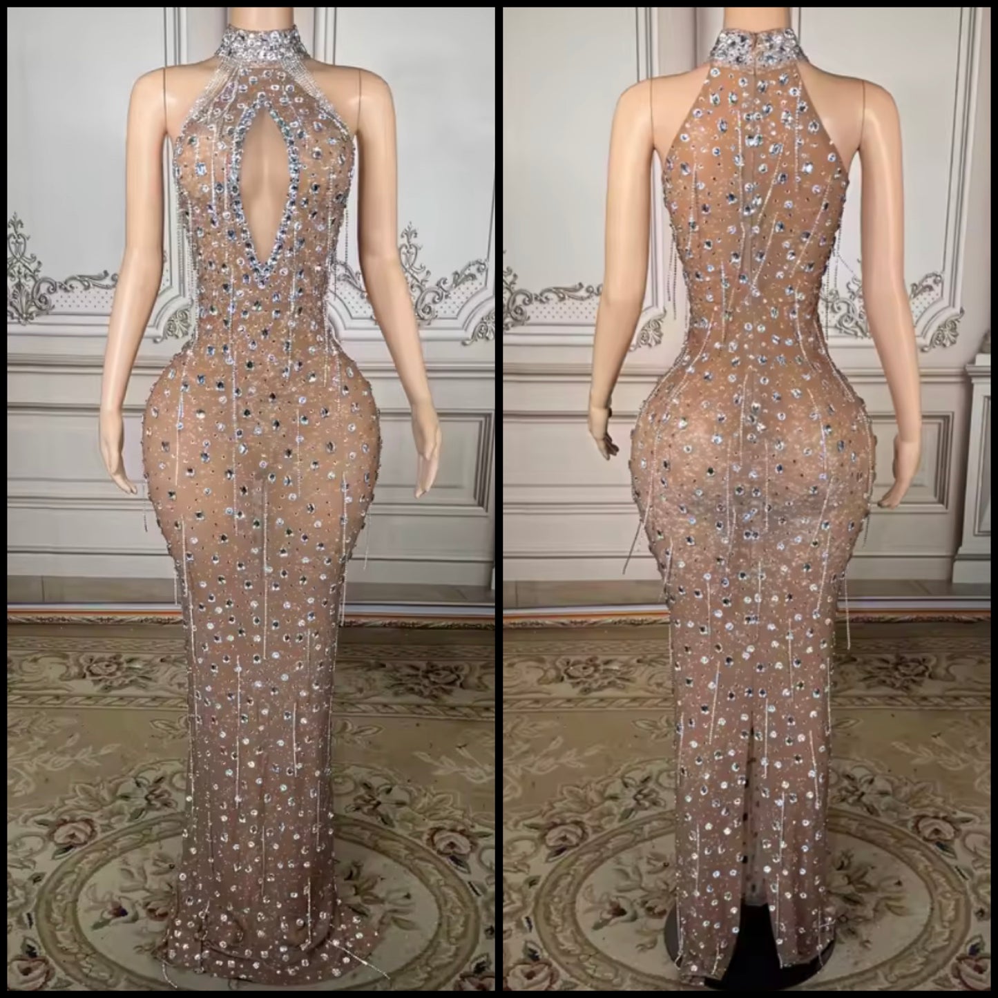 Sexy Sleeveless Rhinestone Tassel Maxi Dress
