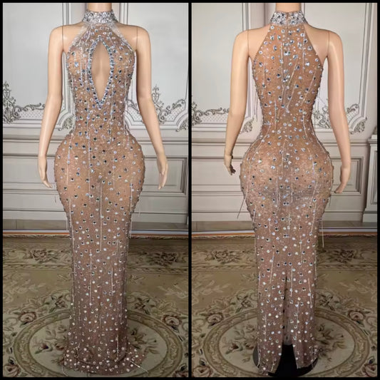 Sexy Sleeveless Rhinestone Tassel Maxi Dress