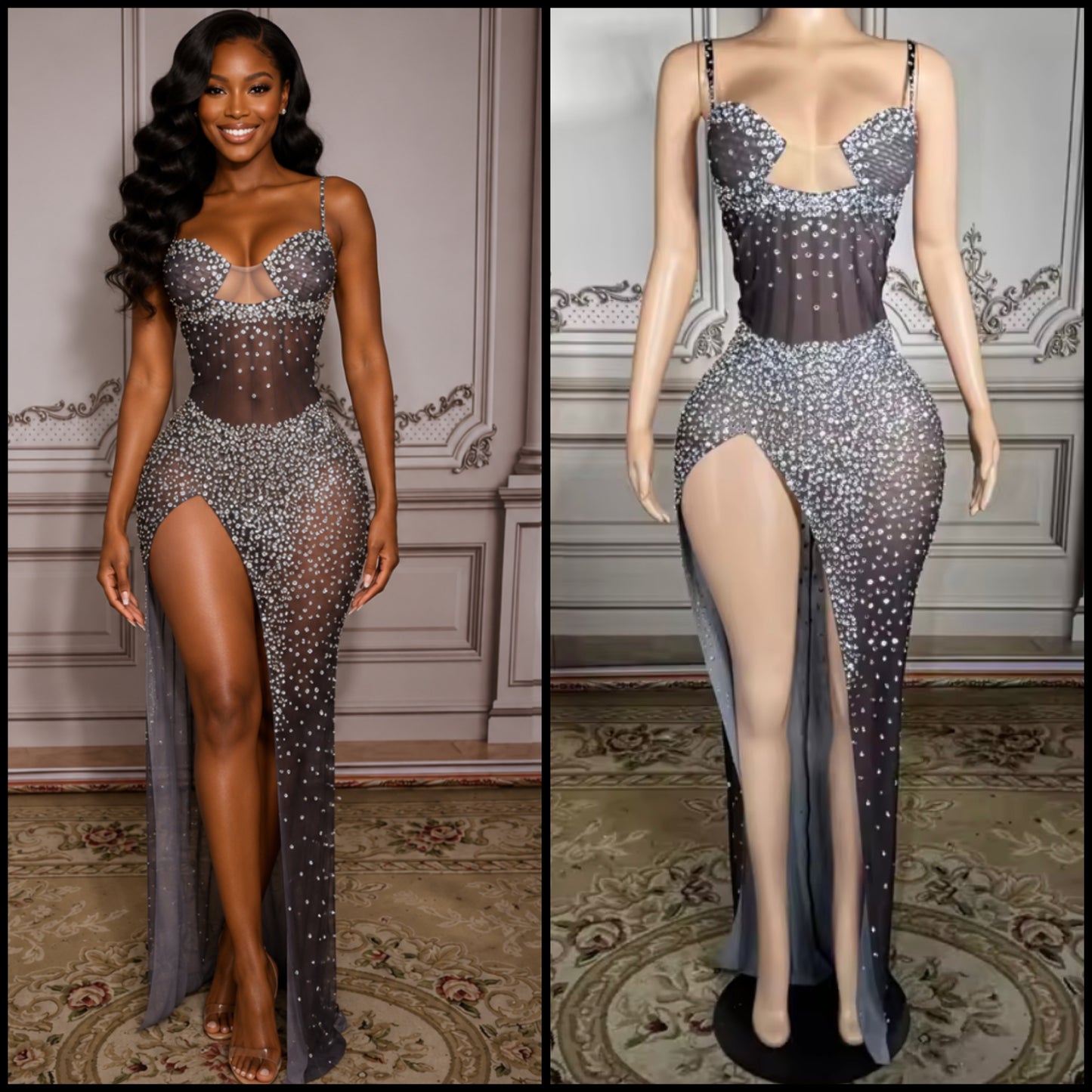 Black Sexy Sleeveless See Through Rhinestone Maxi Dress