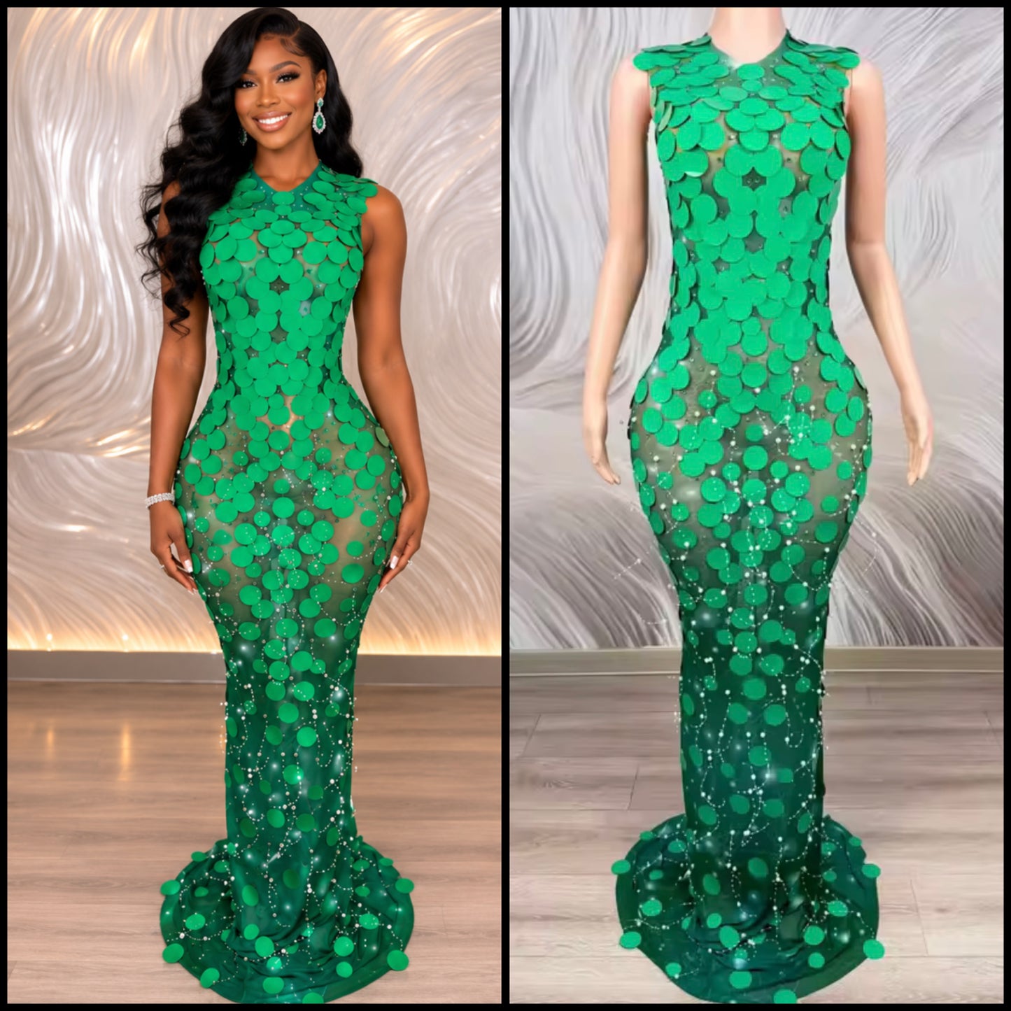 Green Sexy Sleeveless Round Sequins Mermaid Dress