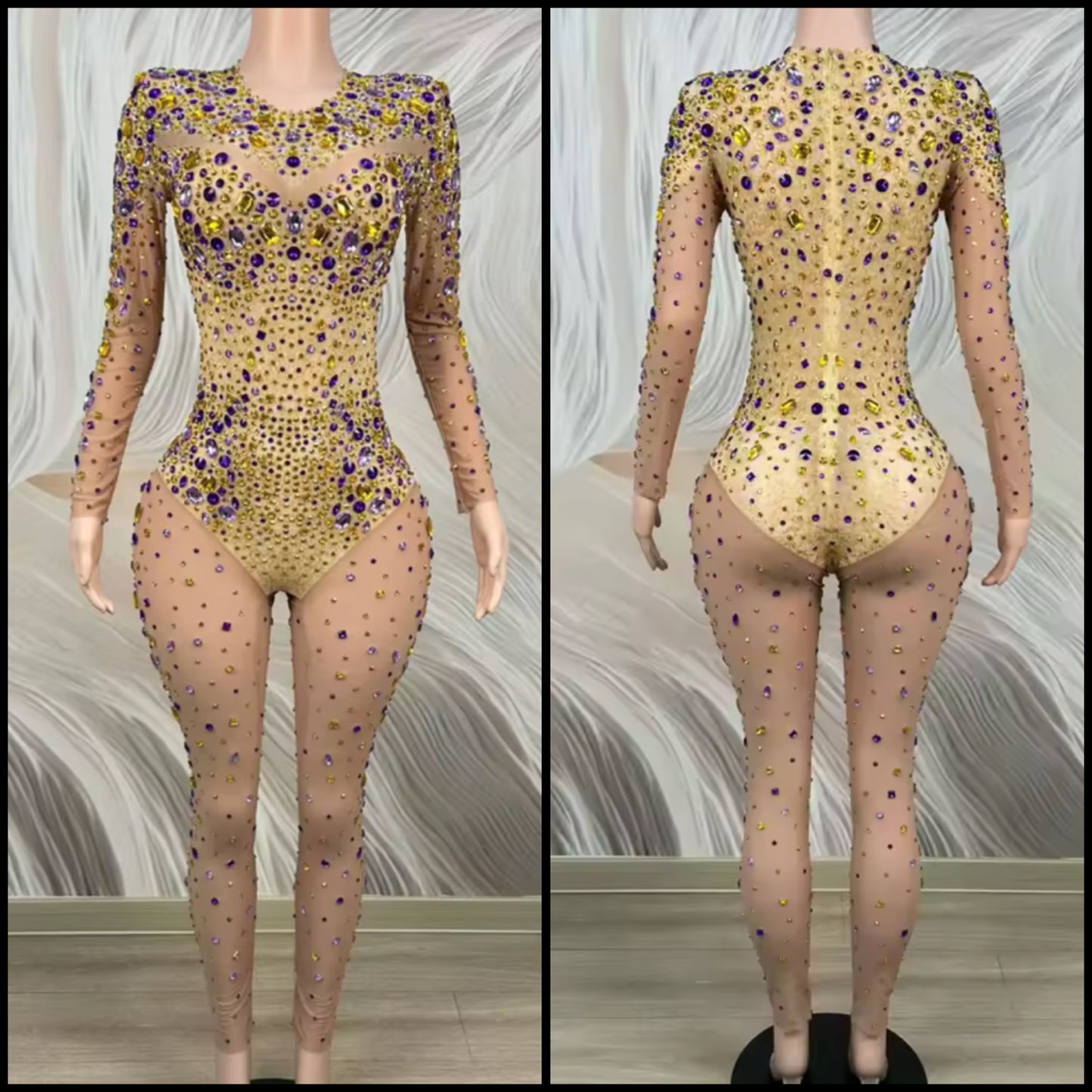 Sexy Color Rhinestone Full Sleeve See Through Jumpsuit