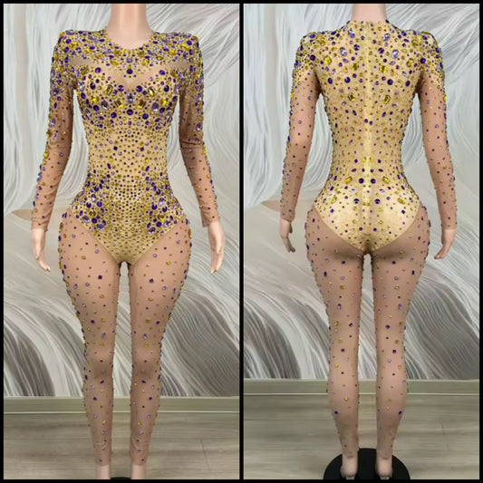 Sexy Color Rhinestone Full Sleeve See Through Jumpsuit