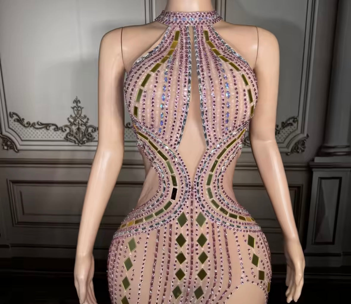 Sexy Pink Rhinestone Mirror Sleeveless Side Split Maxi Dress