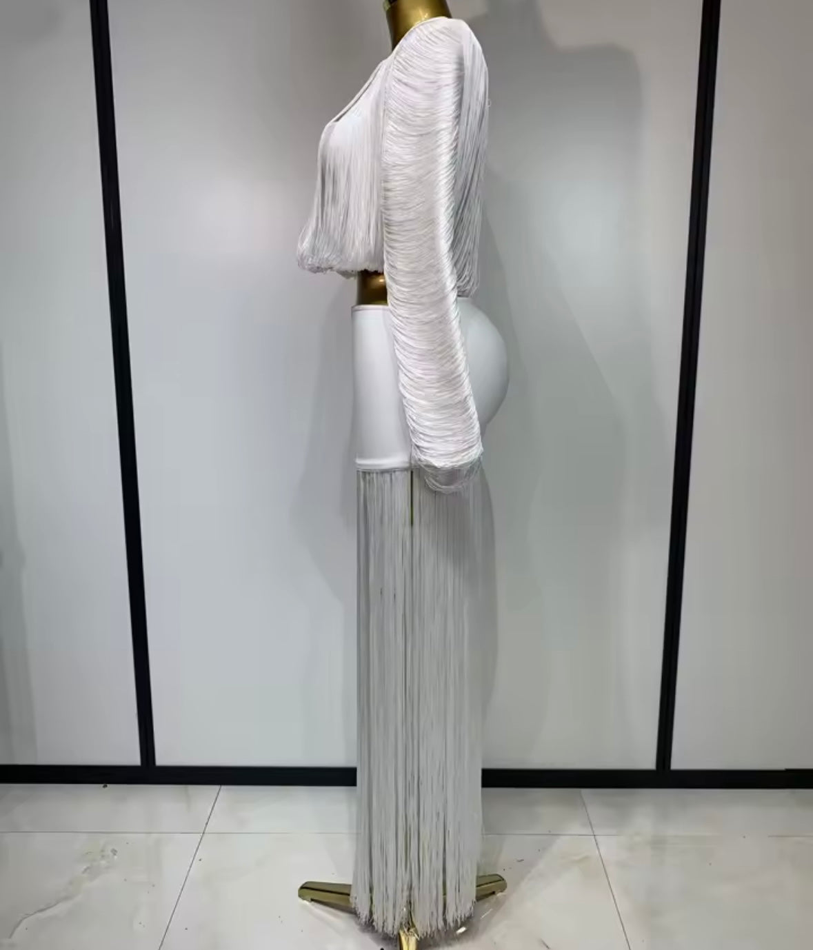 White Sexy Fringe Tassel Full Sleeve Maxi Skirt Set