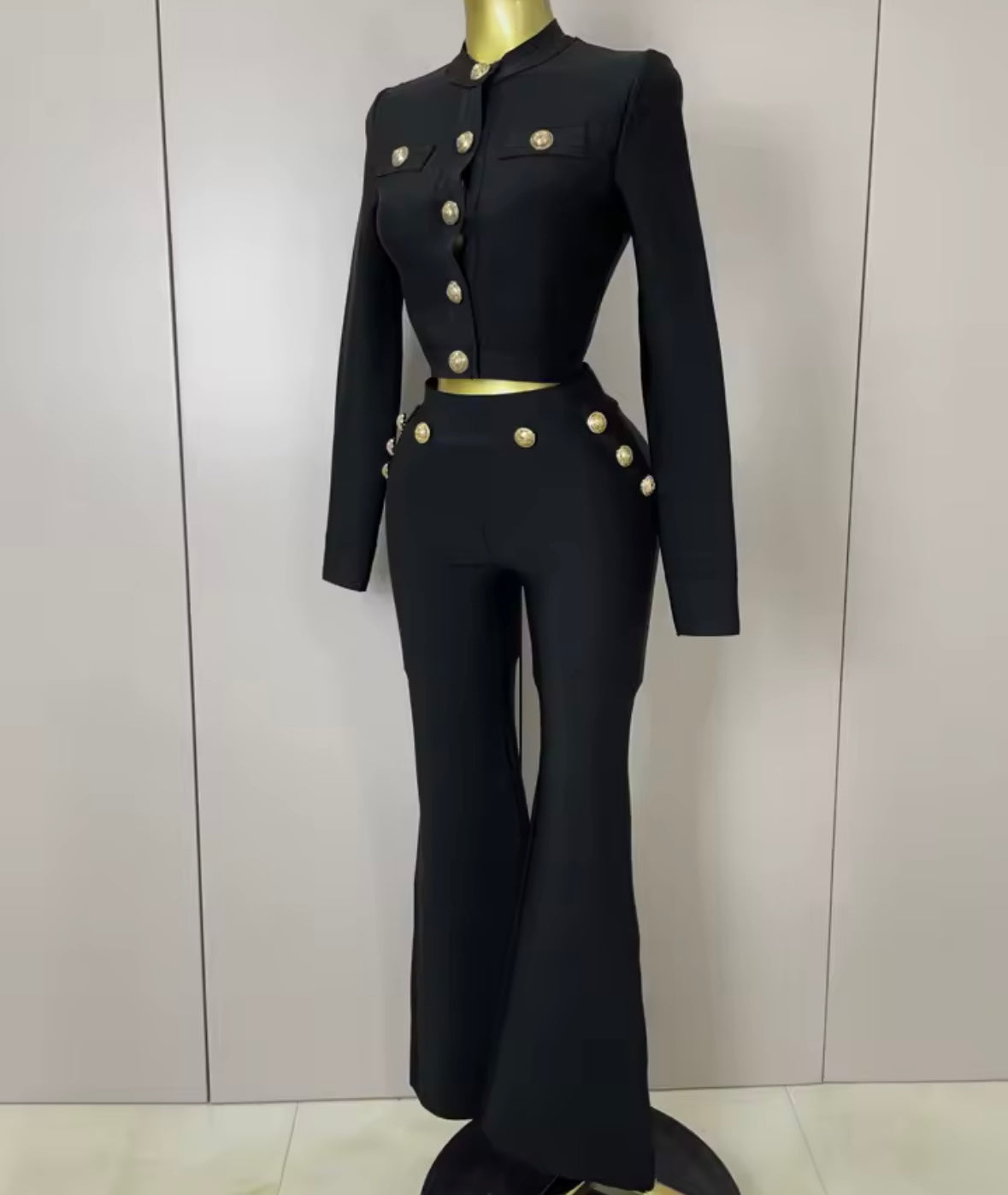 Black Fashion Gold Button Full Sleeve Crop Pant Set
