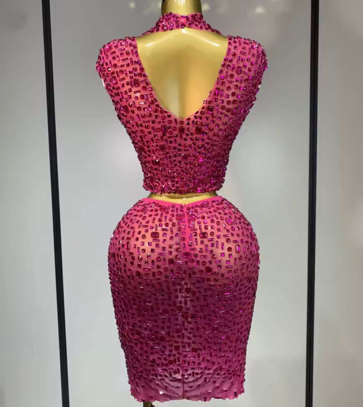 Sexy Sleeveless Crystal Crop Skirt Set