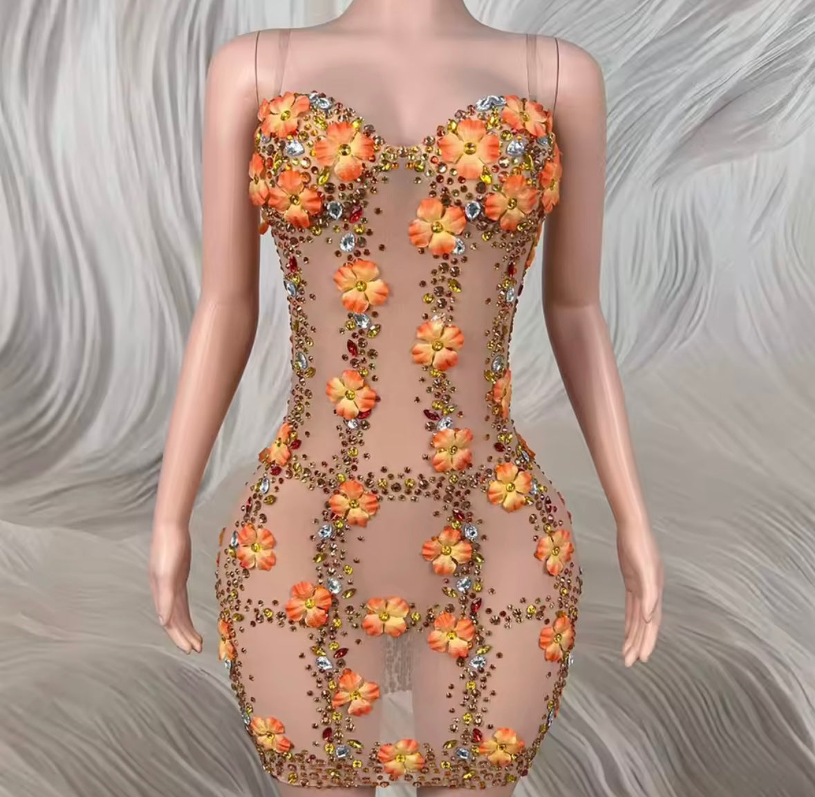 Sexy Sleeveless Rhinestone Orange Floral See Through Dress