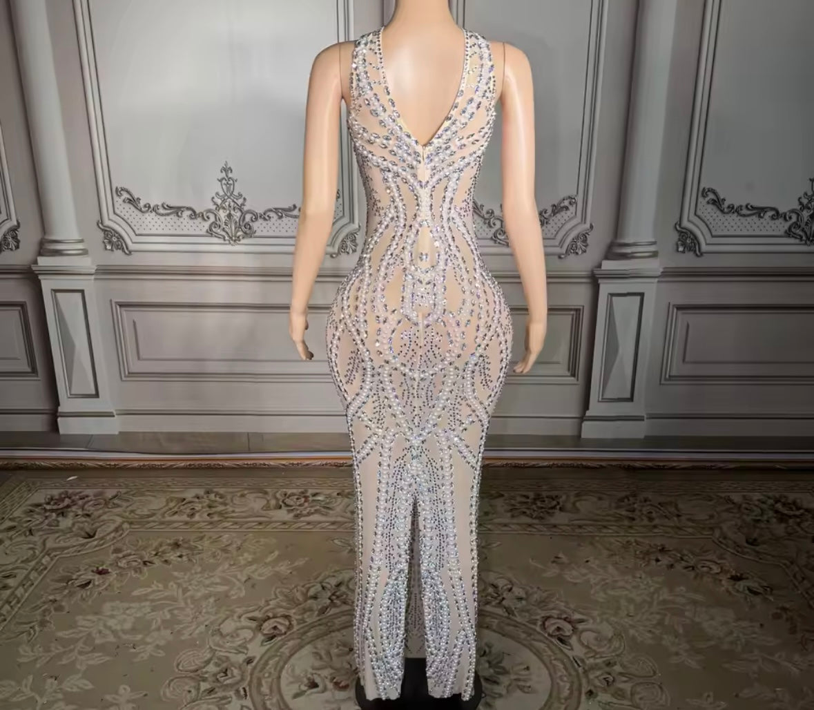 Sexy Sleeveless Pearl Rhinestone See Through Maxi Dress
