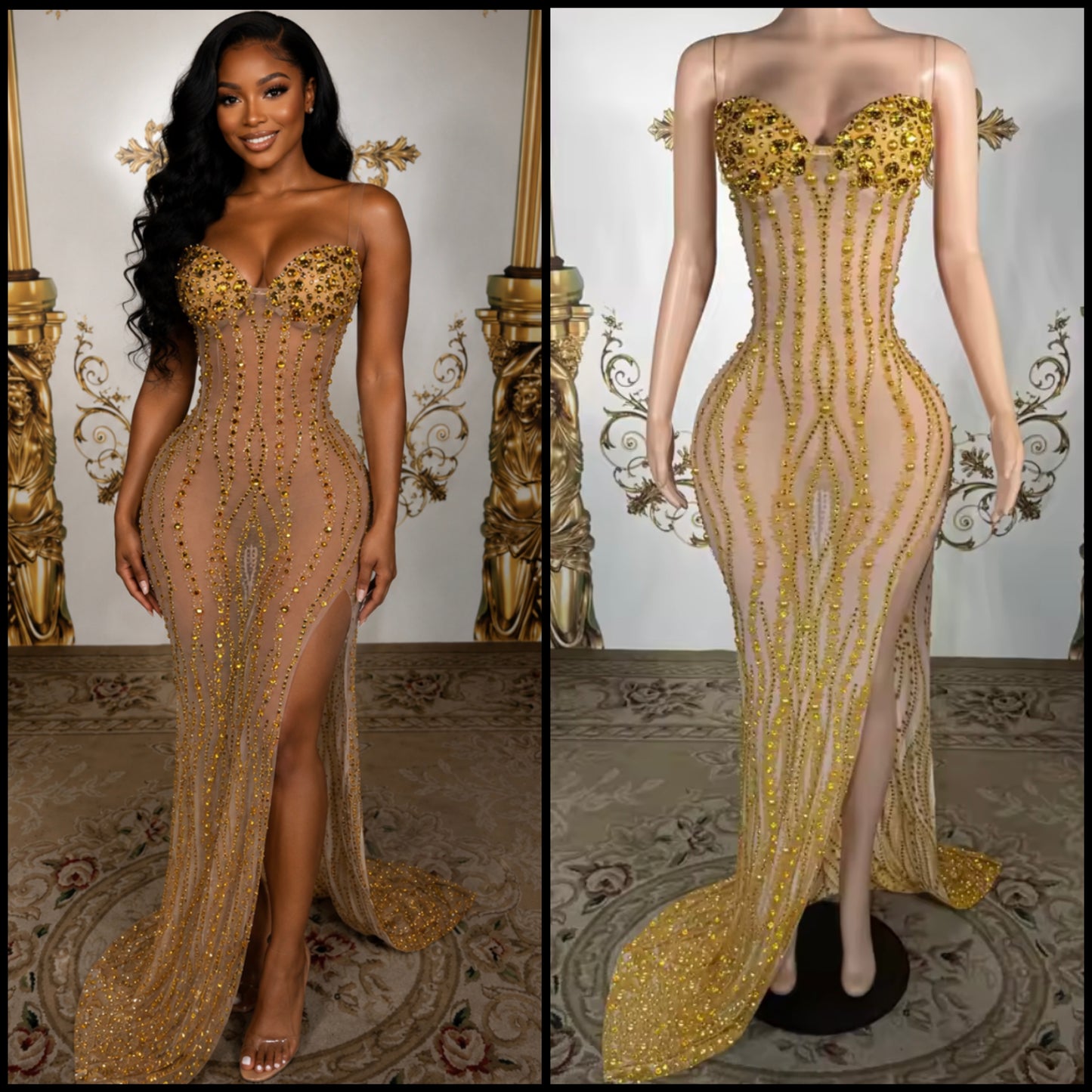 Sexy Sleeveless See Through Gold Rhinestone Side Split Maxi Dress