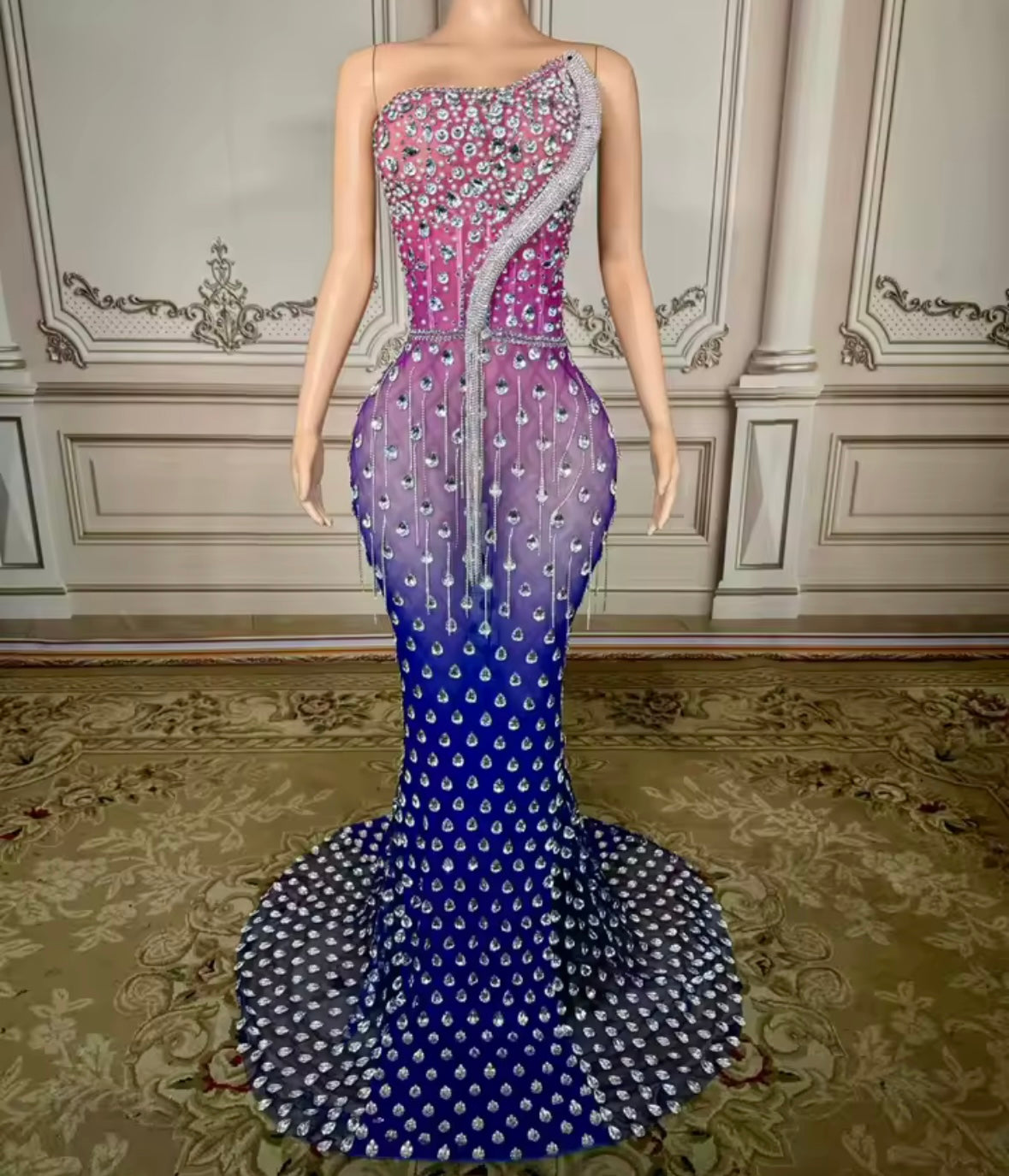 Sexy Strapless Gradient Rhinestone Tassel Maxi Dress