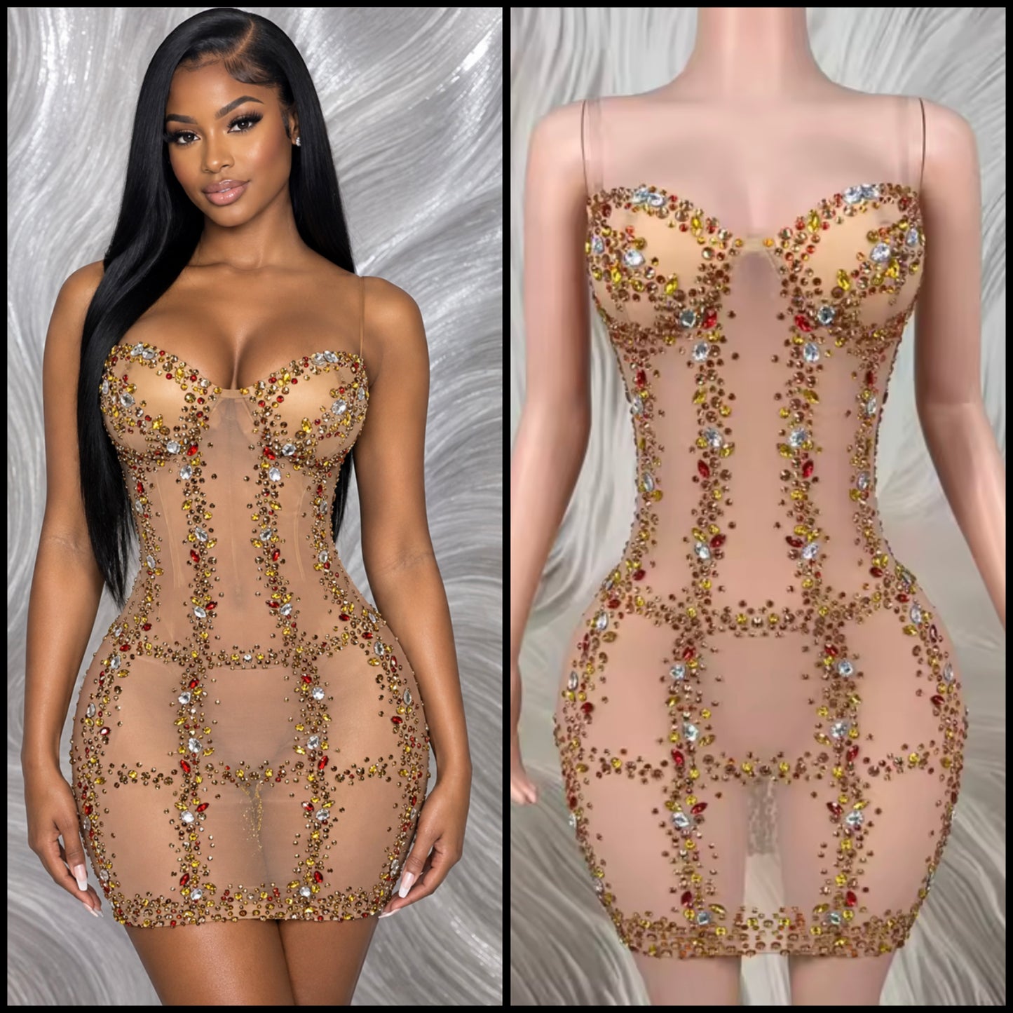 Sexy Sleeveless See Through Color Rhinestone Dress