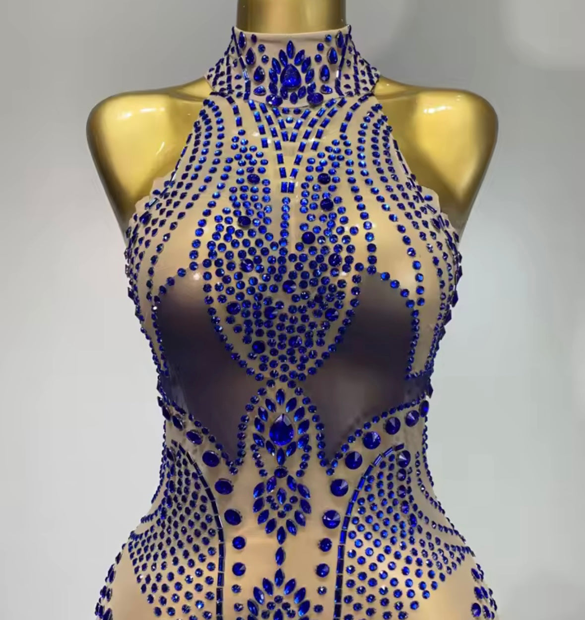 Sexy Sleeveless Blue Crystal See Through Short Dress
