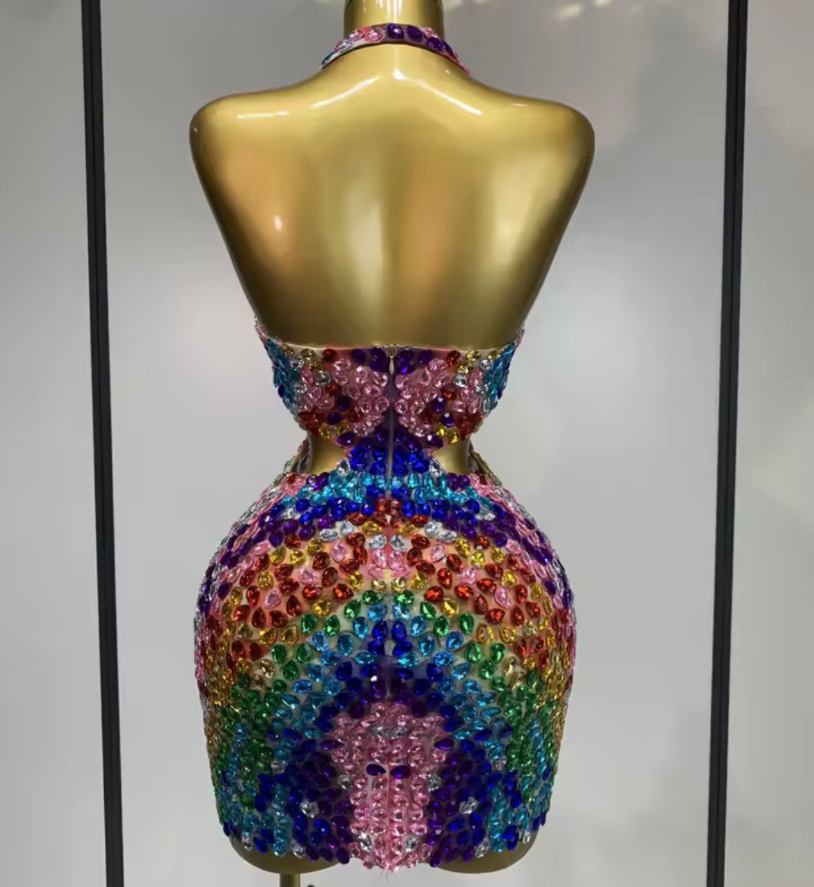 Sexy Halter Sleeveless Multicolored Rhinestone Dress